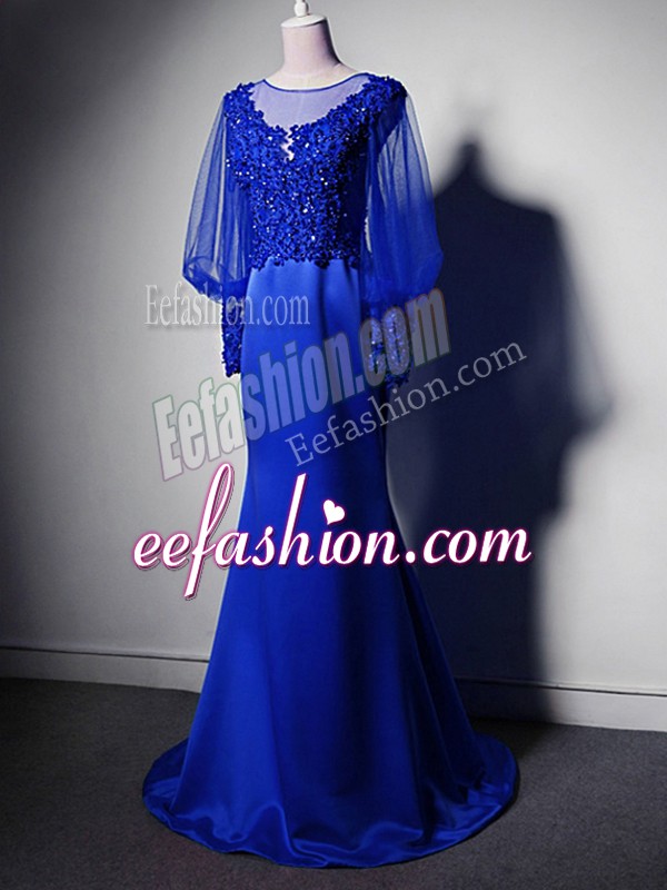 Adorable Beading and Lace and Appliques Mother Of The Bride Dress Royal Blue Clasp Handle Long Sleeves Brush Train