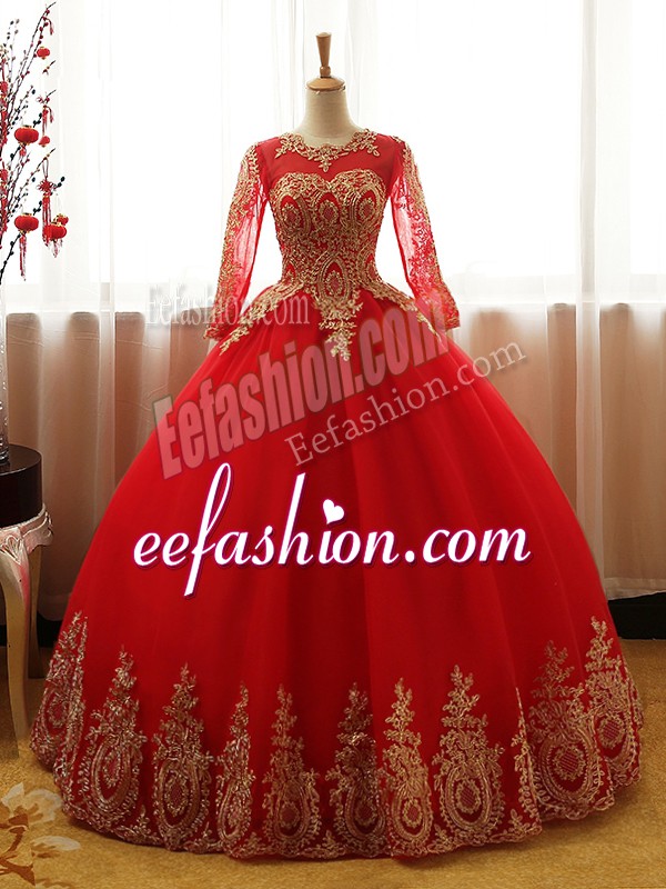 Elegant Red Scoop Neckline Appliques 15th Birthday Dress Long Sleeves Lace Up