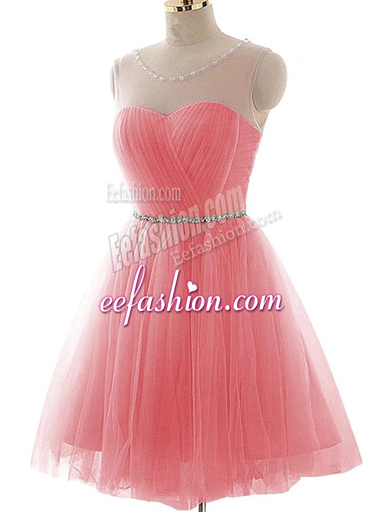  Scoop Sleeveless Dress for Prom Mini Length Ruching Watermelon Red Tulle