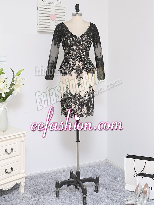 Glorious Mini Length Black Mother Of The Bride Dress Lace Long Sleeves Lace and Appliques