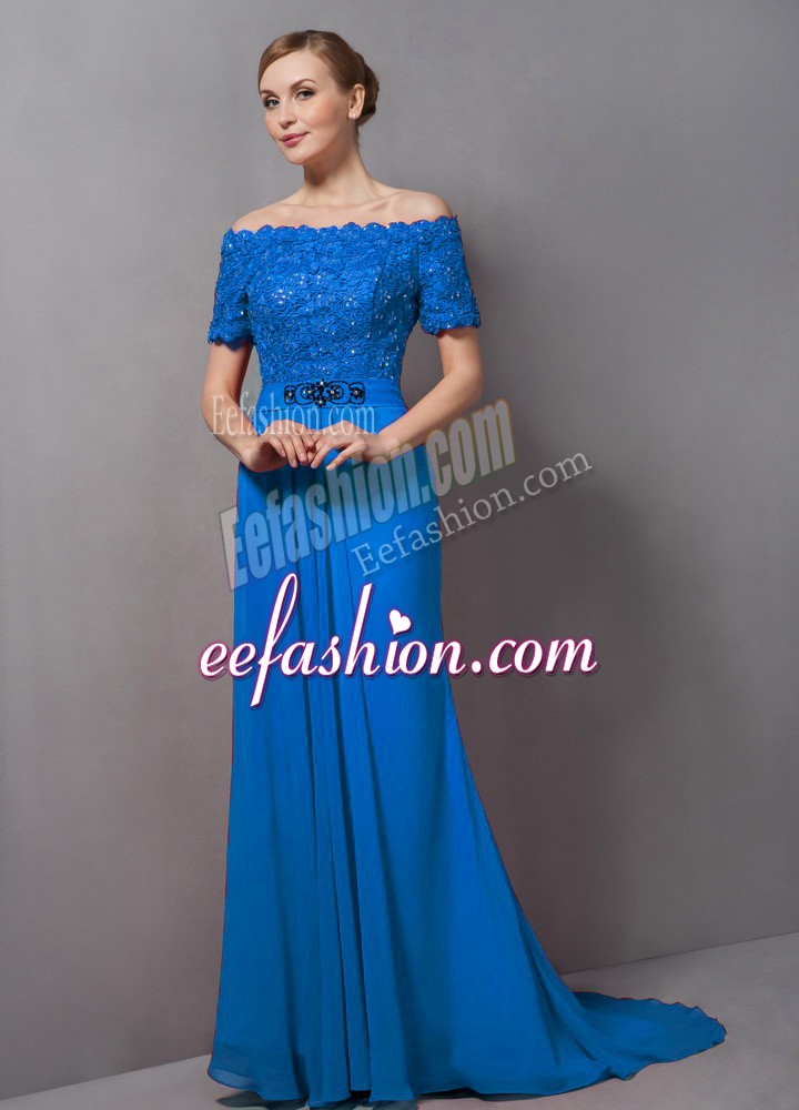 Nice Blue Mother Of The Bride Dress Prom and Party with Lace Off The Shoulder Short Sleeves Sweep Train Zipper