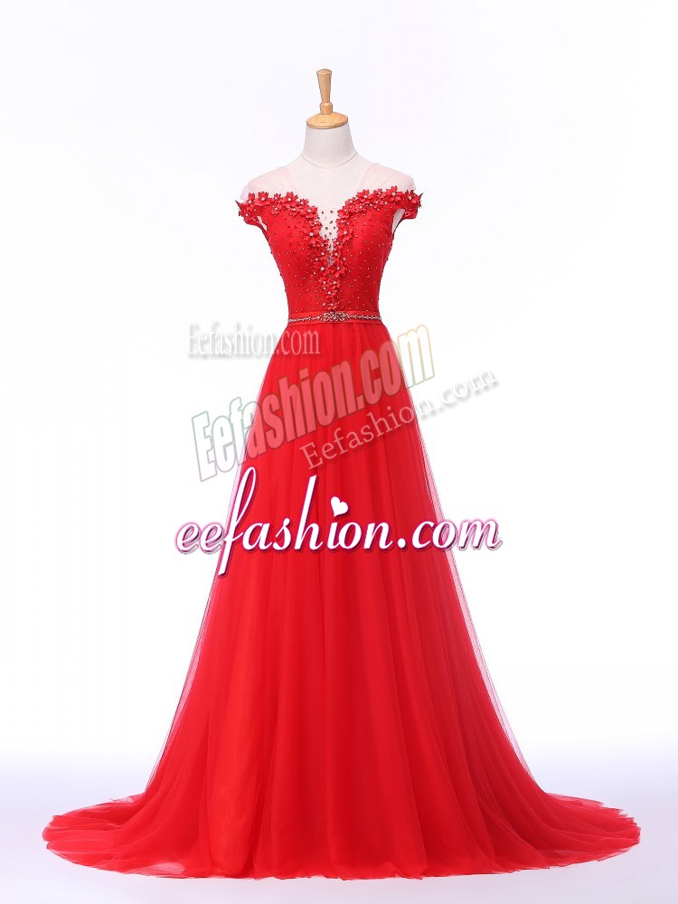 Suitable Tulle Sleeveless Formal Dresses Brush Train and Lace and Appliques