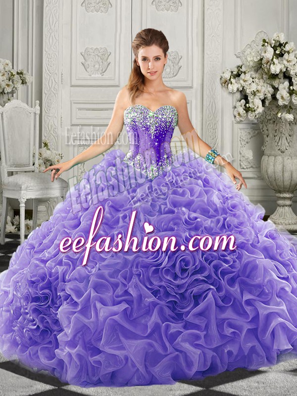 Best Selling Lavender 15 Quinceanera Dress Organza Court Train Sleeveless Beading and Ruffles
