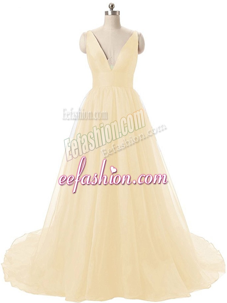  A-line Sleeveless Light Yellow Prom Dress Brush Train Backless