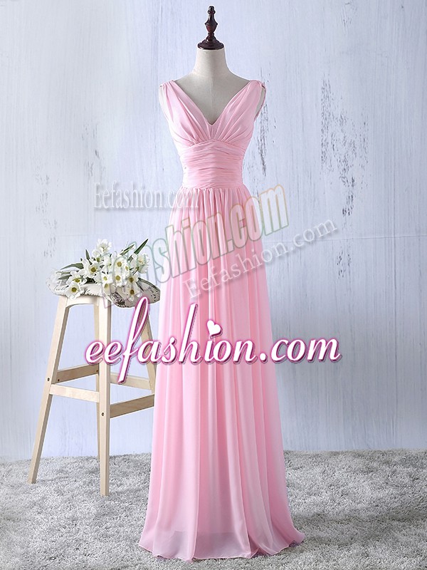 Decent Floor Length Zipper Dama Dress for Quinceanera Baby Pink for Prom and Party and Wedding Party with Ruching