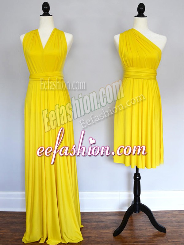 Charming Sleeveless Chiffon Floor Length Lace Up Wedding Guest Dresses in Yellow with Ruching