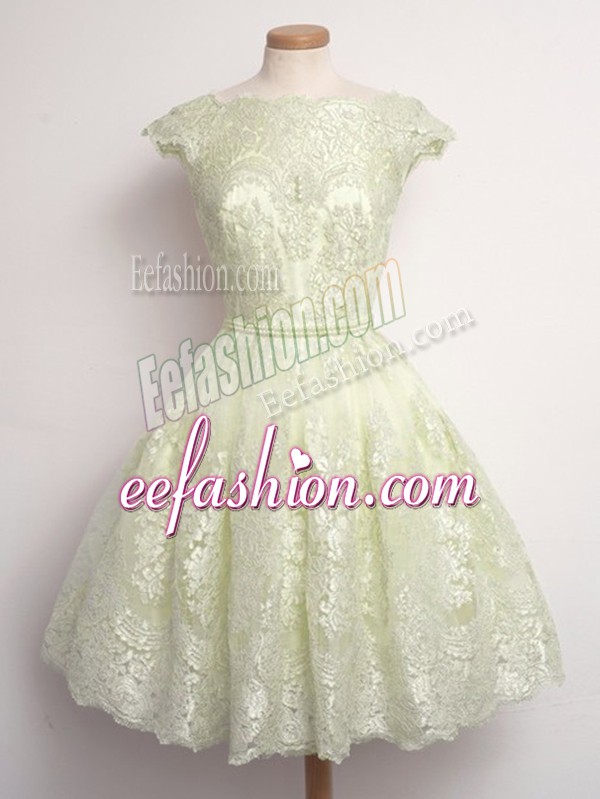  Light Yellow Lace Lace Up Scalloped Cap Sleeves Knee Length Bridesmaids Dress Lace