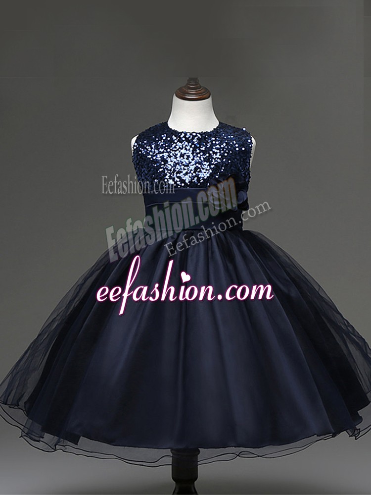  Navy Blue Sleeveless Knee Length Sequins and Hand Made Flower Zipper Girls Pageant Dresses
