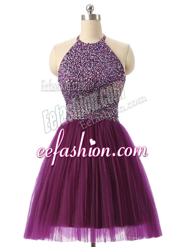 Comfortable Dark Purple Homecoming Dress Prom and Party and Sweet 16 and Beach with Beading and Sequins Halter Top Sleeveless Backless