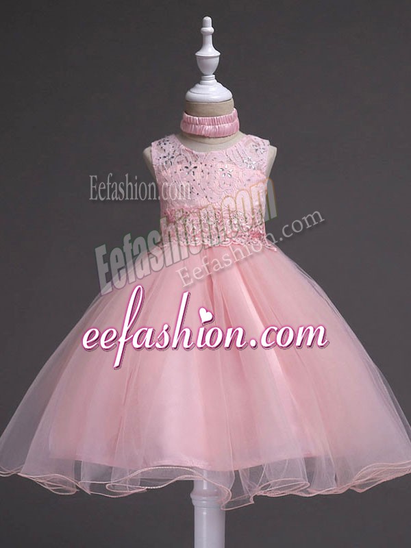 Dazzling Scoop Sleeveless Little Girls Pageant Dress Knee Length Beading and Appliques Baby Pink Tulle