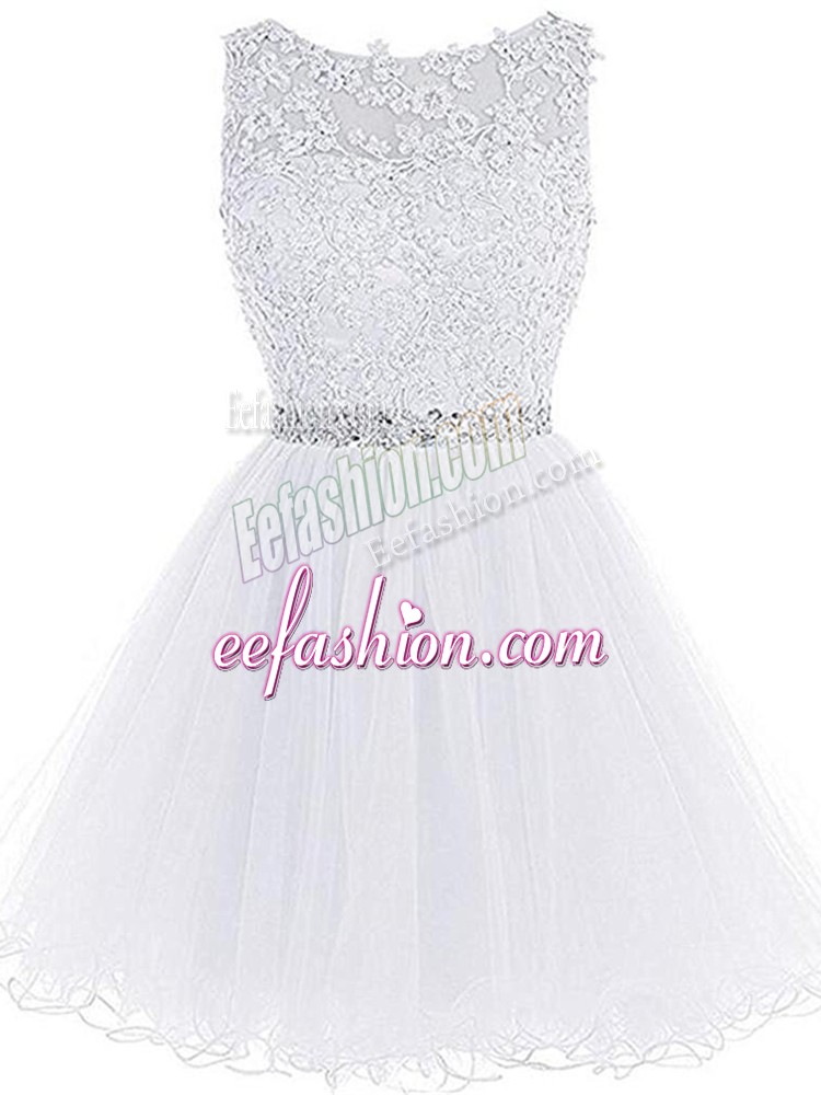  White Zipper Scoop Beading and Lace and Appliques Prom Evening Gown Tulle Sleeveless