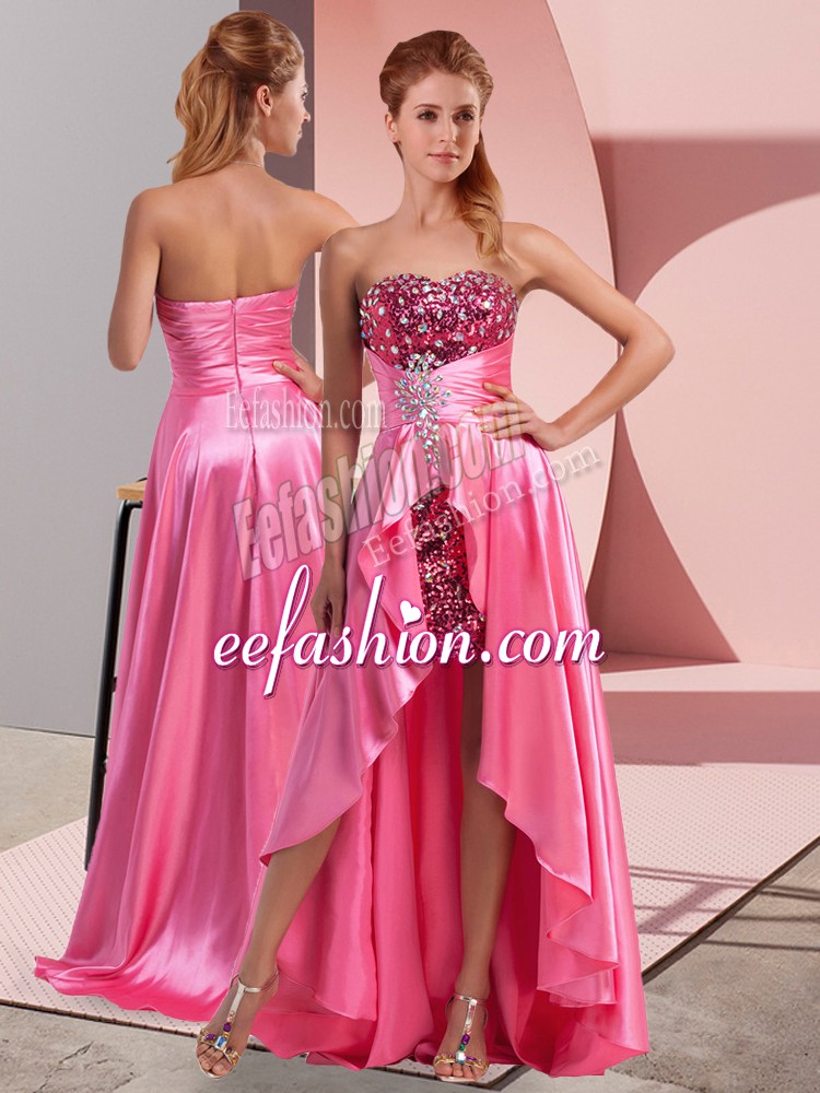  High Low Empire Sleeveless Rose Pink Prom Evening Gown Zipper