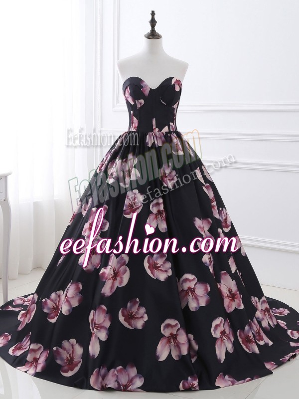 Luxurious Sleeveless Ruching Lace Up Military Ball Gowns with Multi-color Brush Train