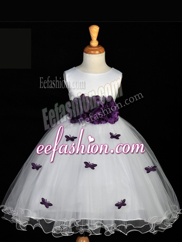 Amazing White Zipper Little Girls Pageant Gowns Appliques and Bowknot and Hand Made Flower Sleeveless Knee Length