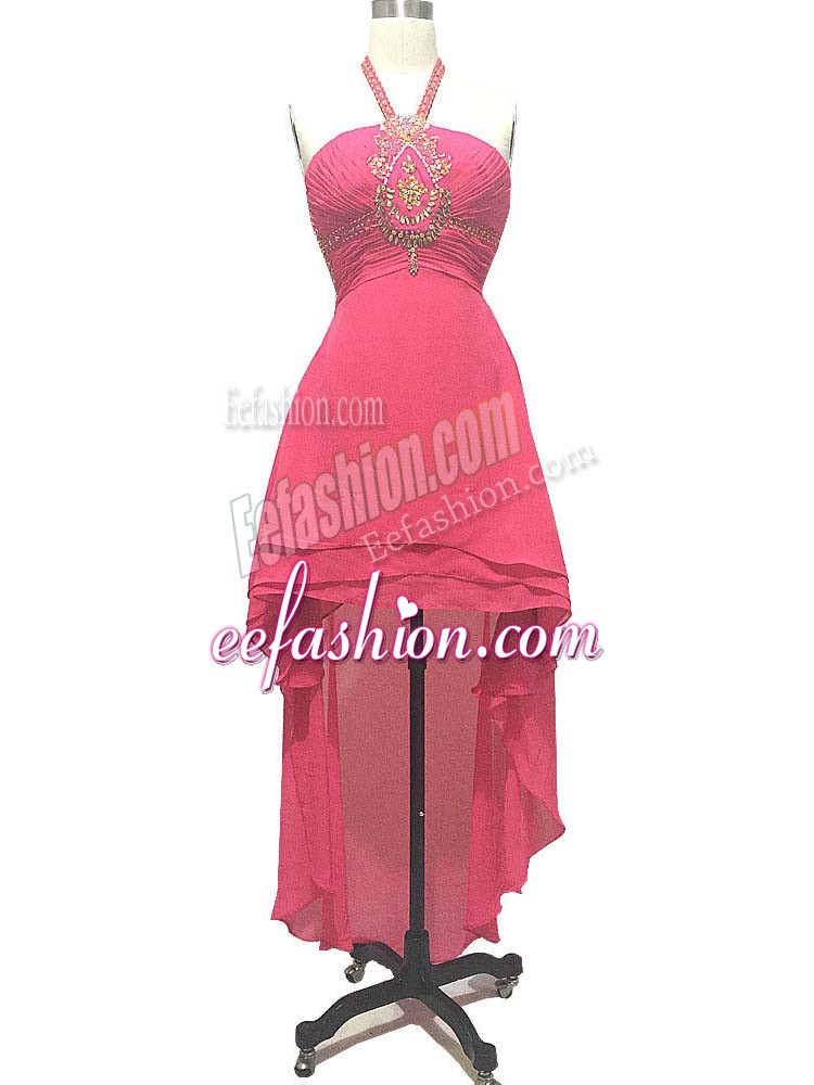  High Low Empire Sleeveless Hot Pink Homecoming Dress Backless