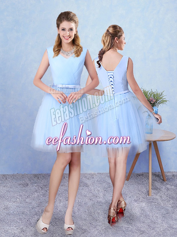 Fine Knee Length Lace Up Quinceanera Dama Dress Aqua Blue for Prom and Party with Ruching
