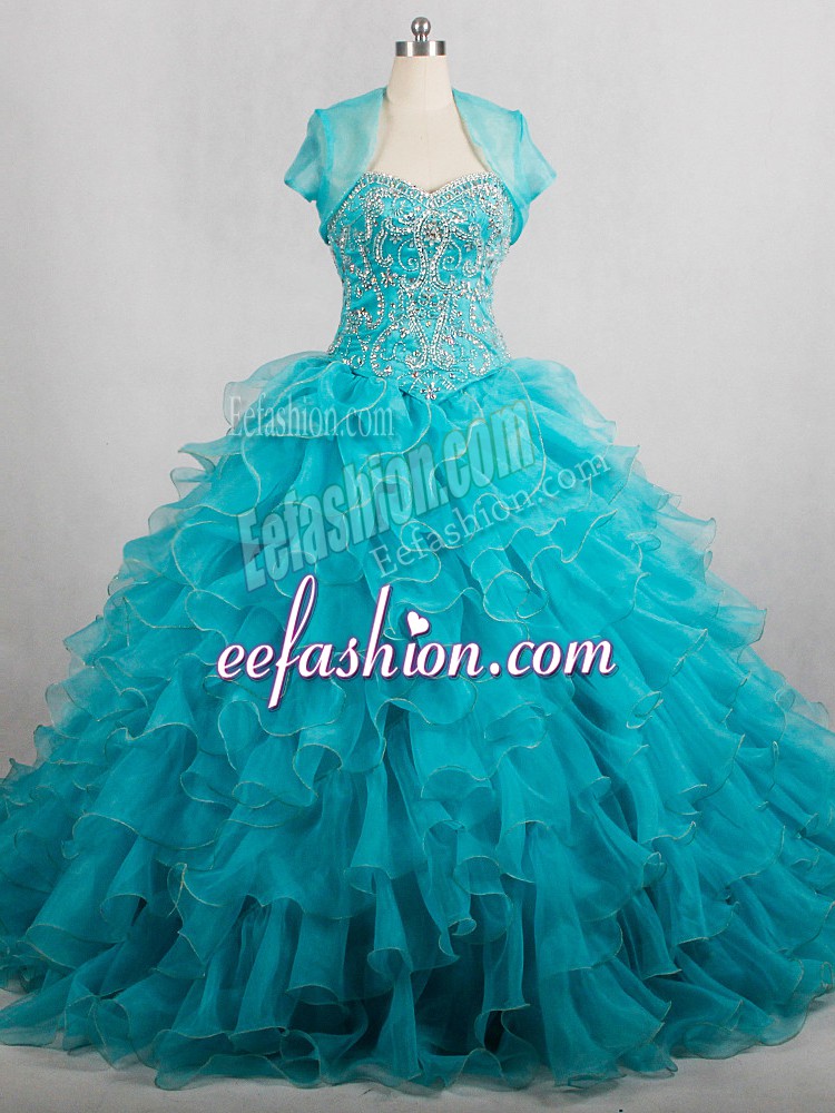 Custom Designed Organza Sweetheart Sleeveless Brush Train Lace Up Beading and Ruffles Quinceanera Gowns in Aqua Blue