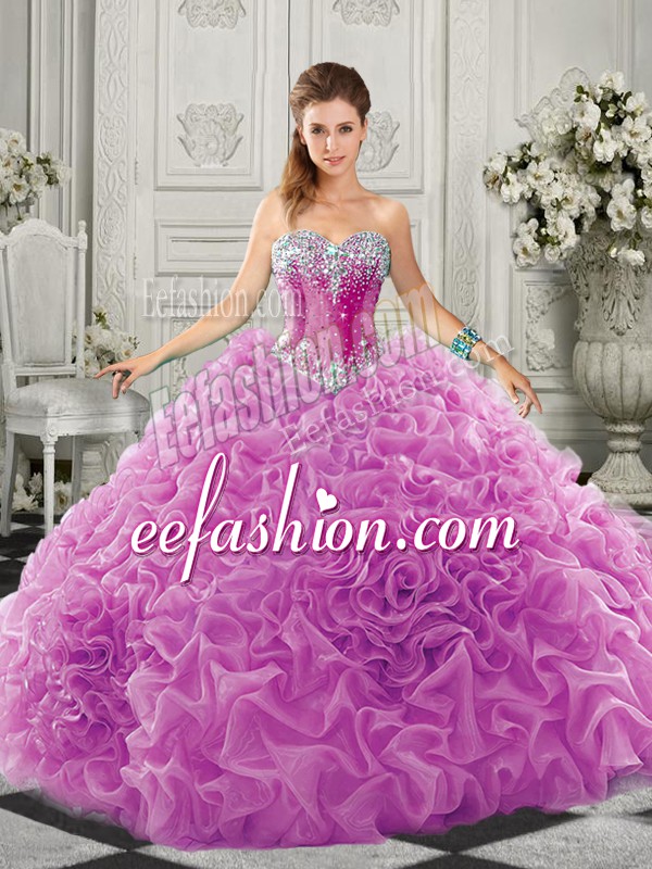 New Style Lilac Organza Lace Up Quinceanera Gown Sleeveless Court Train Beading and Ruffles