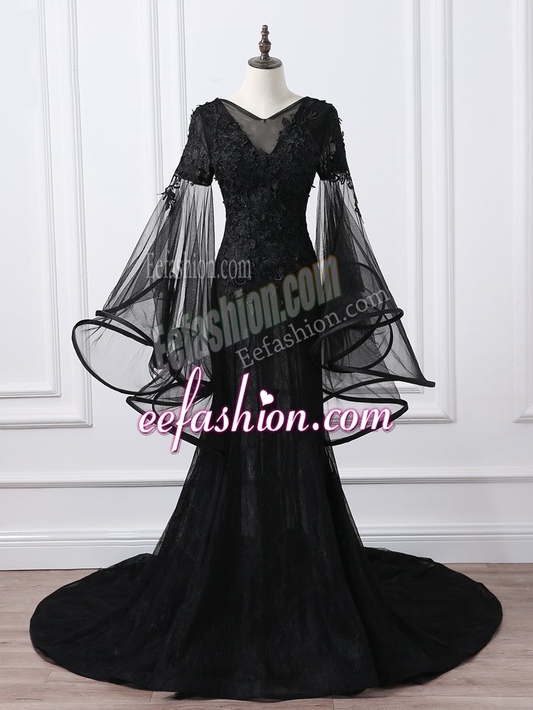 Fabulous Scoop Long Sleeves Tulle Mother Of The Bride Dress Lace and Appliques Brush Train Lace Up