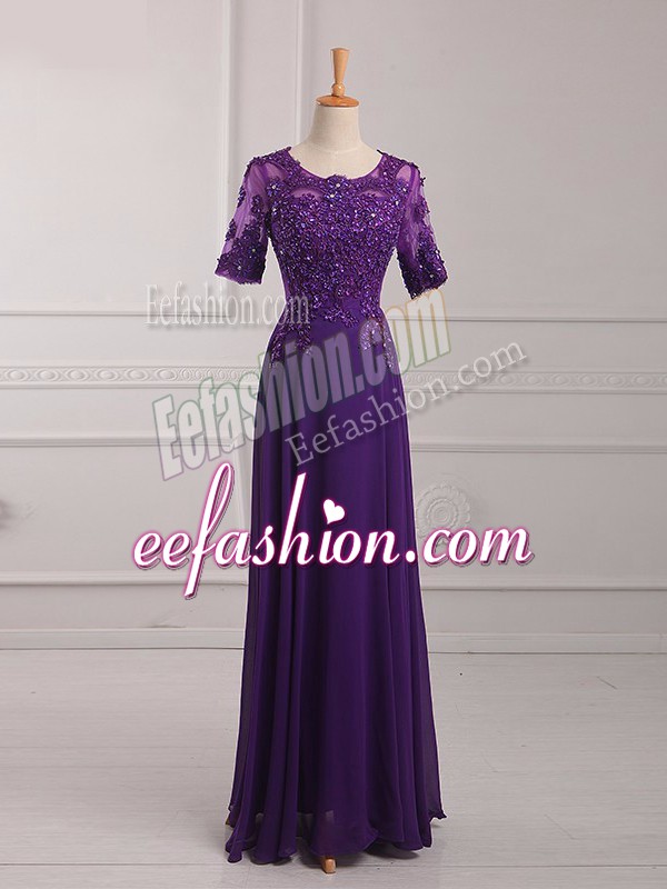  Purple Chiffon Zipper Mother Of The Bride Dress Half Sleeves Floor Length Lace and Appliques