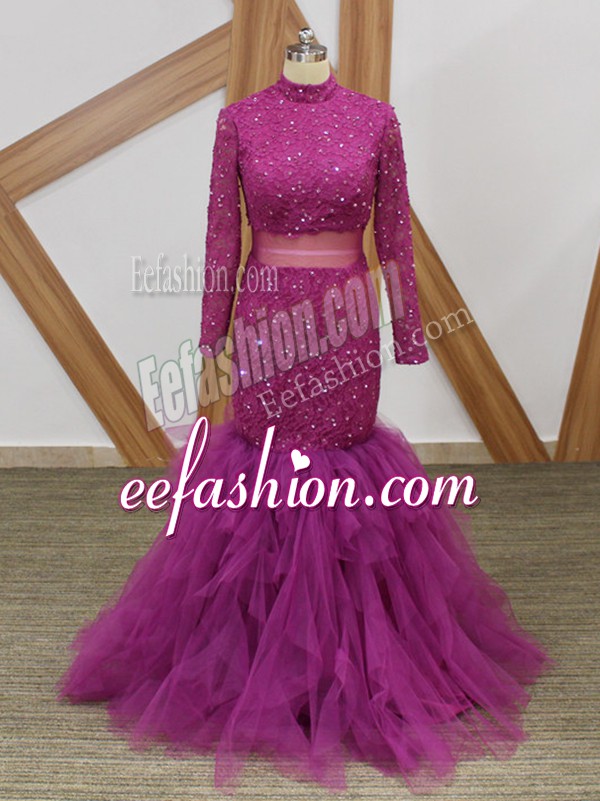 Elegant Fuchsia High-neck Zipper Lace and Ruffles Mother Of The Bride Dress Long Sleeves