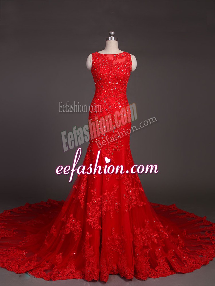  Red Lace Backless Scoop Sleeveless Formal Dresses Court Train Beading and Lace and Appliques