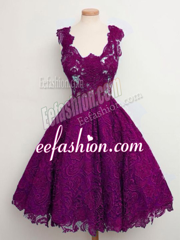  Lace Straps Sleeveless Lace Up Lace Wedding Guest Dresses in Purple