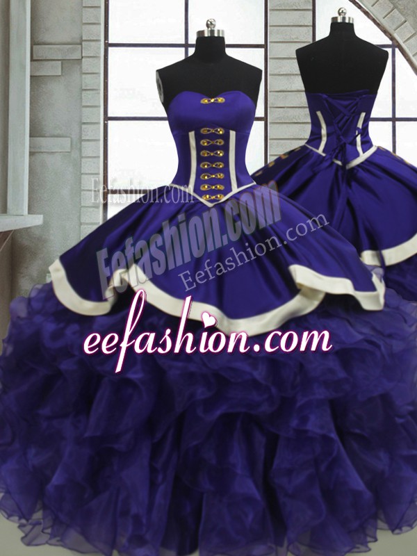  Floor Length Purple Quince Ball Gowns Organza Sleeveless Ruffles