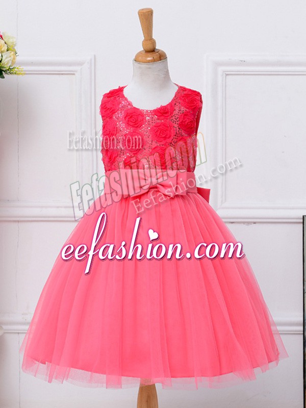  Hot Pink Lace Up Scoop Bowknot Toddler Flower Girl Dress Tulle Sleeveless
