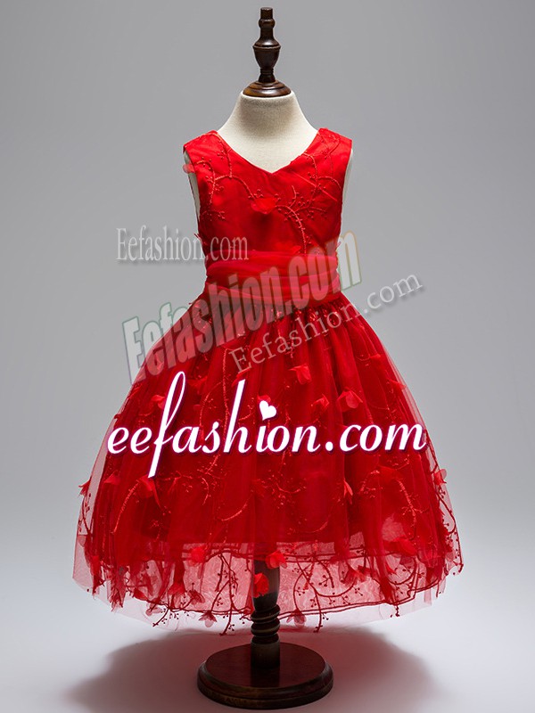 Top Selling Wine Red Flower Girl Dresses Wedding Party with Appliques V-neck Sleeveless Zipper