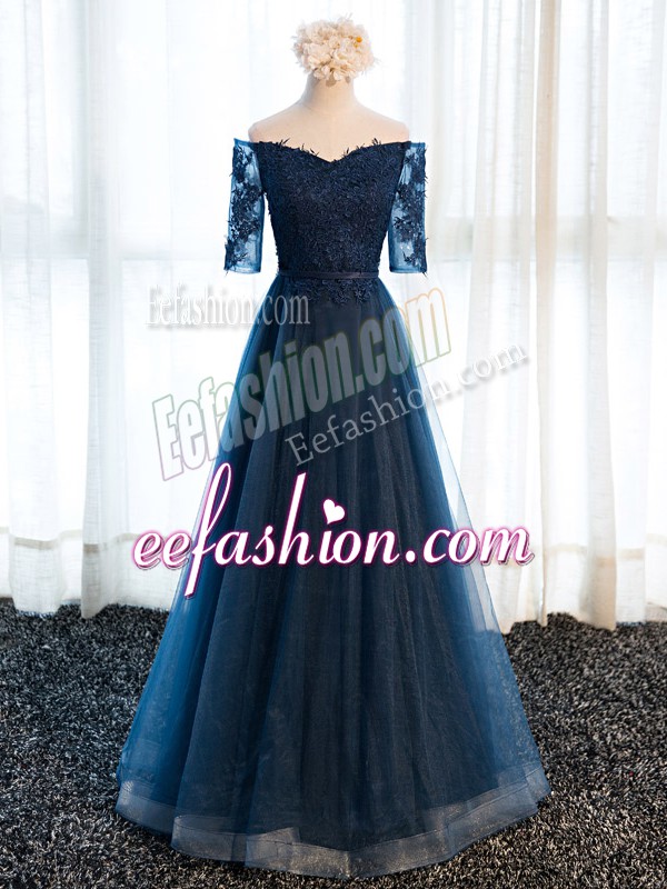 Sweet Floor Length Navy Blue Mother Of The Bride Dress Tulle Half Sleeves Beading and Lace and Appliques