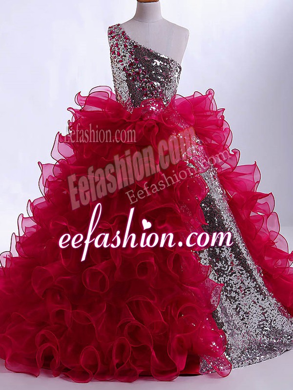 Hot Selling One Shoulder Sleeveless Zipper Kids Pageant Dress Wine Red Organza and Sequined
