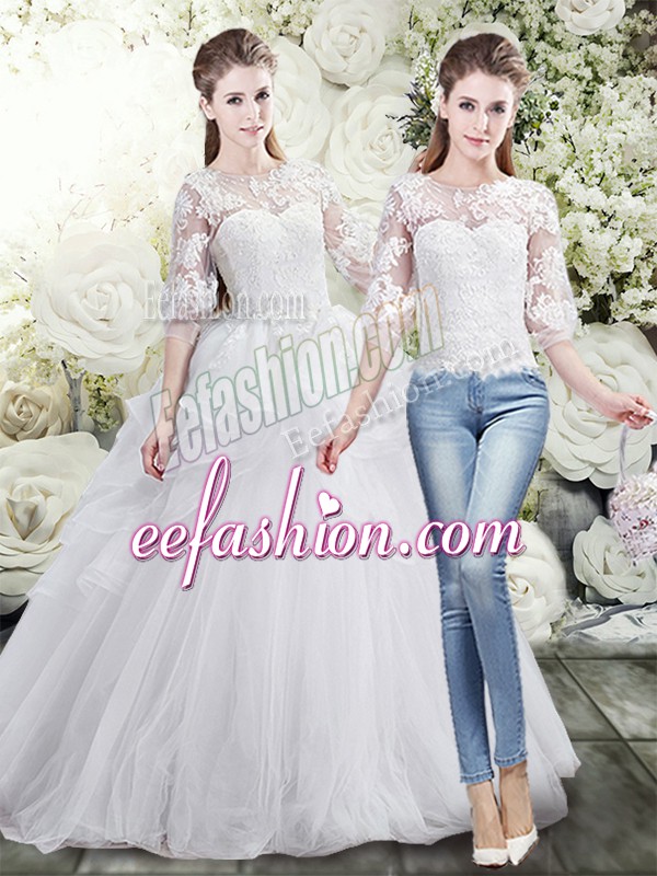 Stunning White Half Sleeves Tulle Brush Train Lace Up Wedding Gown for Wedding Party