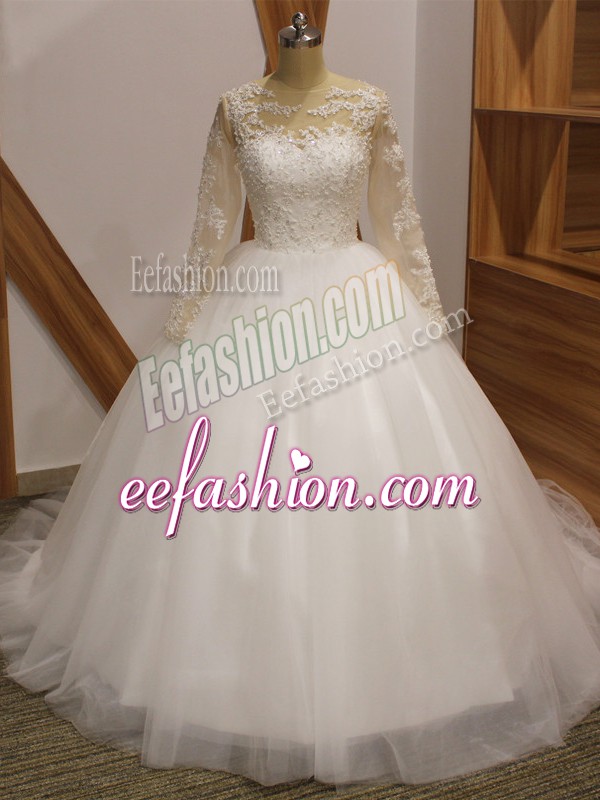 Trendy Long Sleeves Brush Train Clasp Handle Lace Wedding Gown