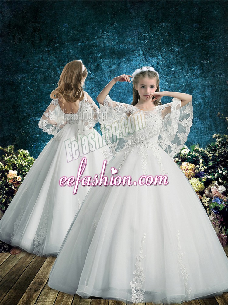  White Ball Gowns Scoop Half Sleeves Tulle Floor Length Lace Up Lace Toddler Flower Girl Dress