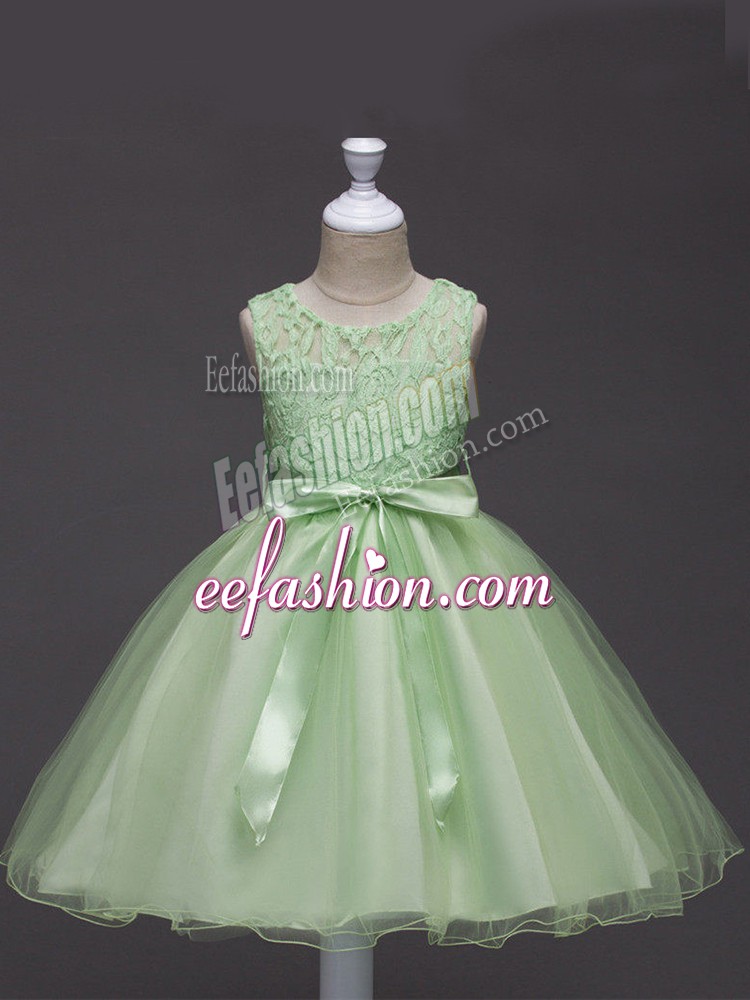 Exquisite Yellow Green Little Girls Pageant Dress Wedding Party with Lace and Belt Scoop Sleeveless Zipper
