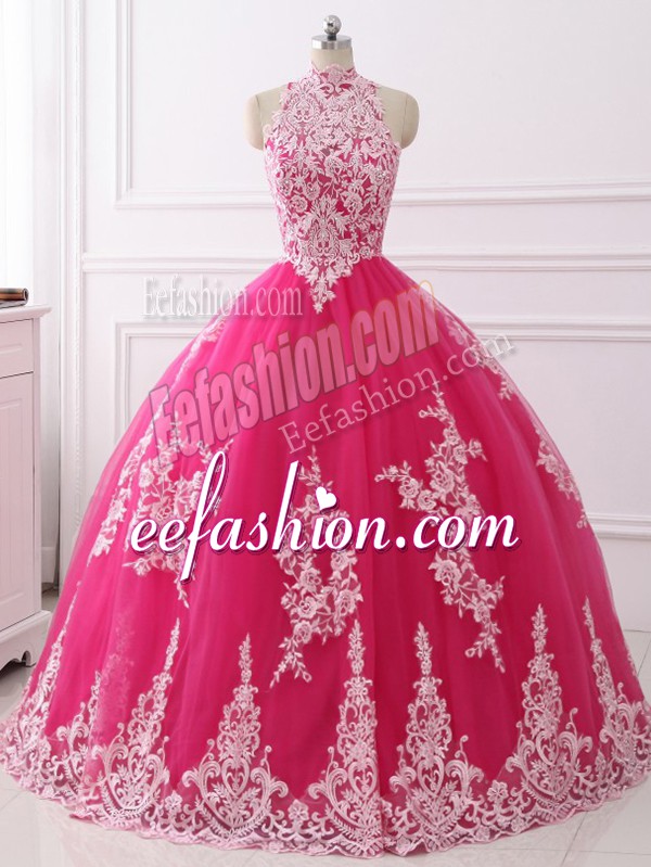 New Style Hot Pink Sleeveless Lace Floor Length Sweet 16 Quinceanera Dress