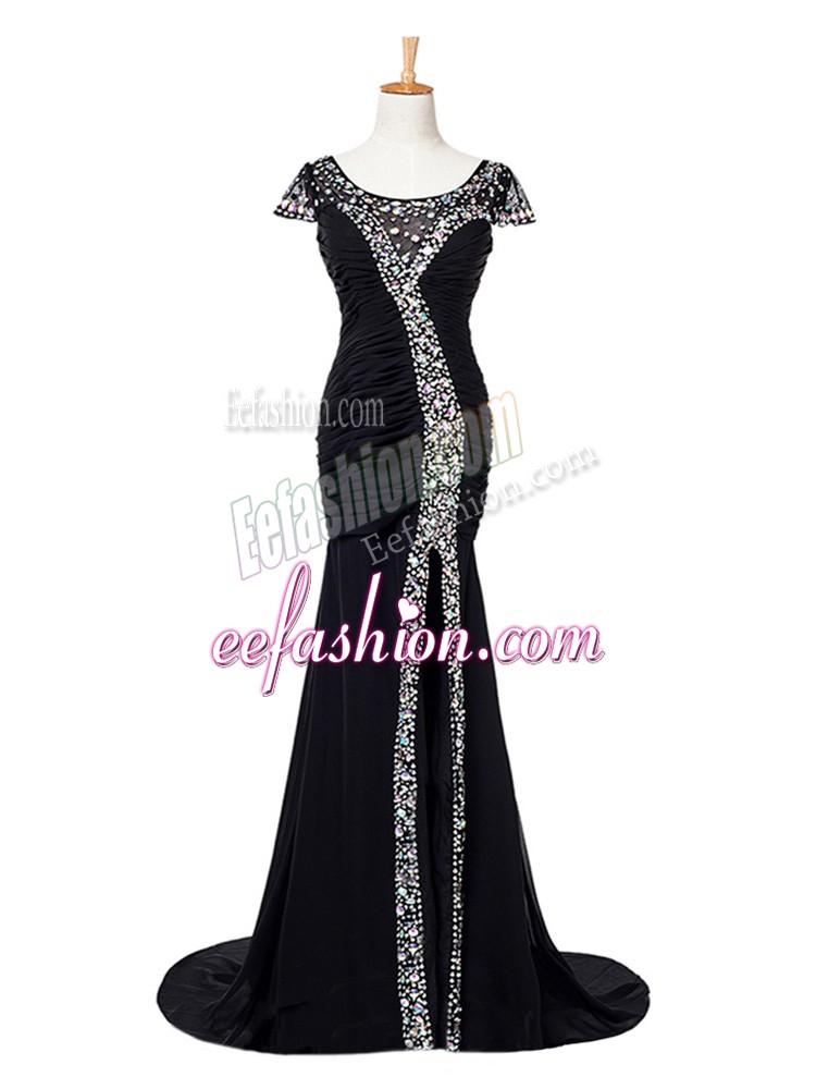  Elastic Woven Satin Cap Sleeves Formal Evening Gowns Brush Train and Beading and Ruching