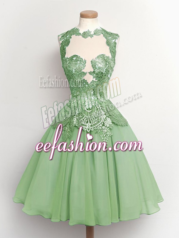  High-neck Sleeveless Bridesmaid Dress Knee Length Lace Green Chiffon