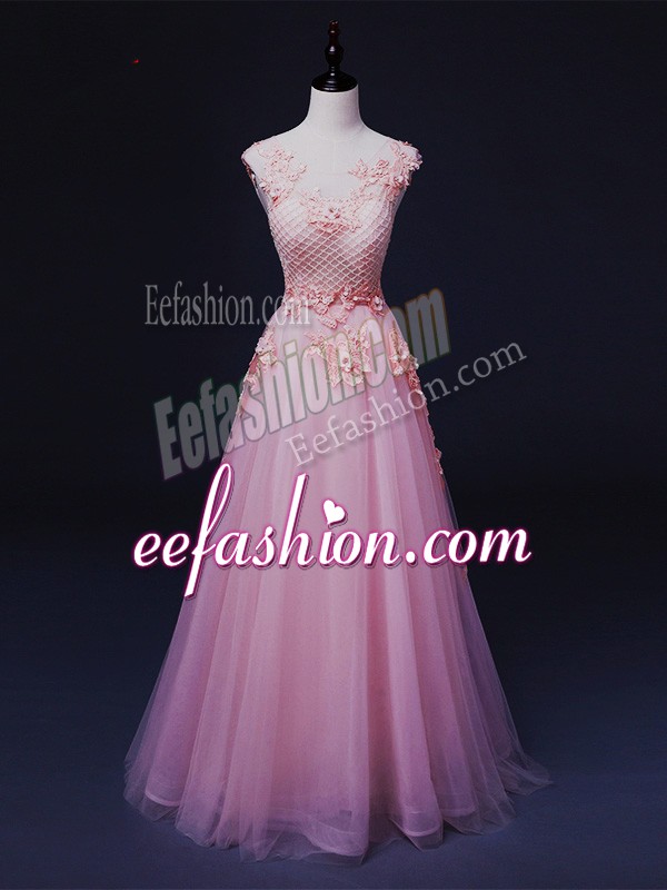Glamorous Baby Pink Straps Lace Up Appliques Prom Party Dress Sleeveless