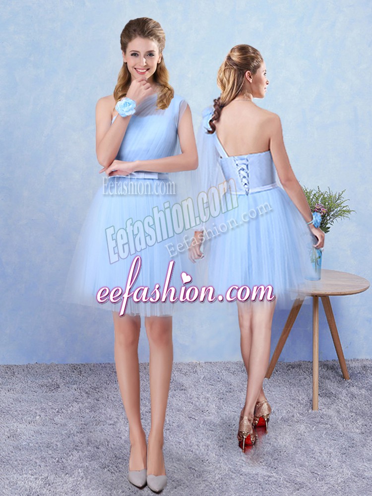  Tulle Asymmetric Sleeveless Lace Up Belt Wedding Guest Dresses in Aqua Blue