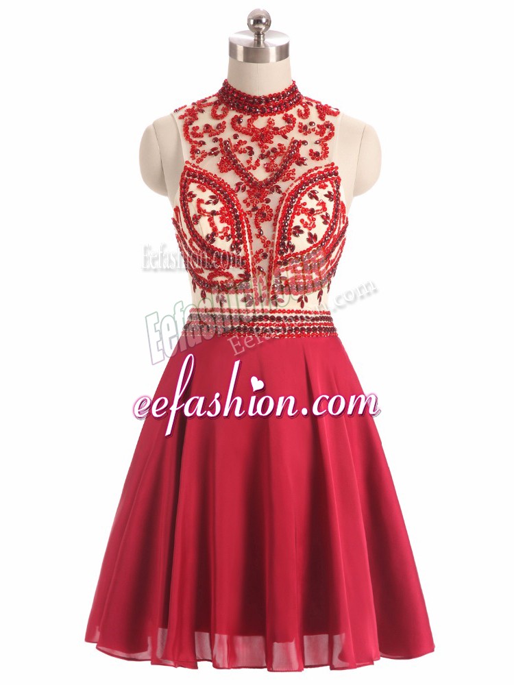 Beauteous Red Halter Top Backless Beading Prom Gown Sleeveless