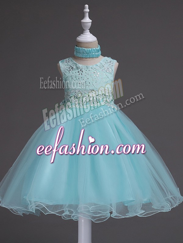 Modest Aqua Blue Ball Gowns Beading and Lace Flower Girl Dresses Zipper Organza Sleeveless Knee Length