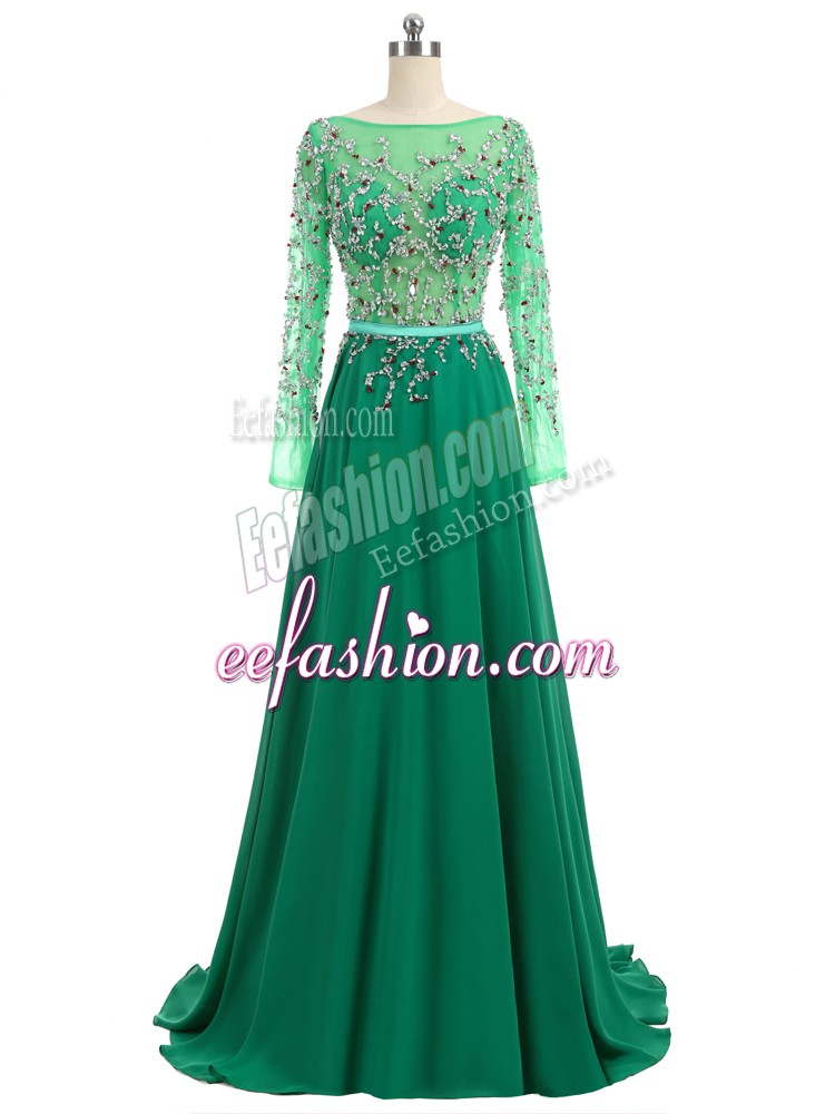  Green Bateau Neckline Beading Prom Party Dress Long Sleeves Backless