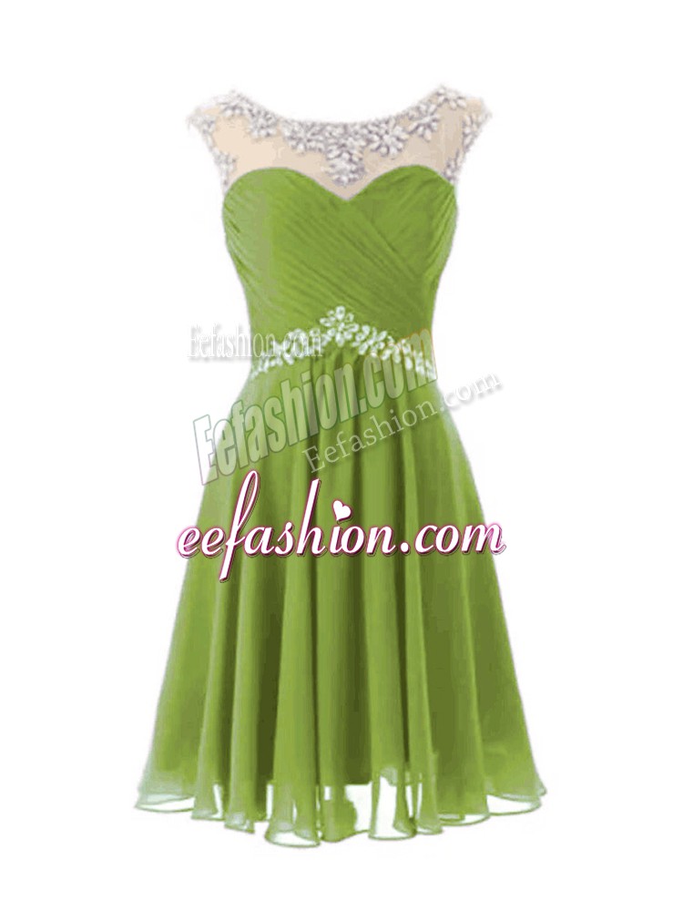 Superior Cap Sleeves Knee Length Beading Zipper Evening Dress with Olive Green