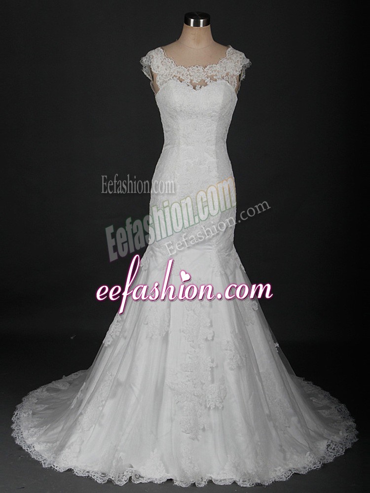  Tulle Scalloped Sleeveless Brush Train Clasp Handle Beading and Lace Bridal Gown in White