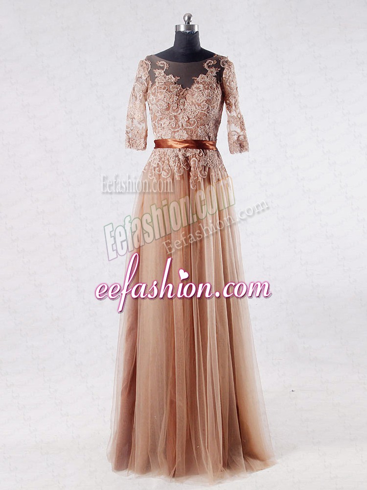  Tulle Scoop Half Sleeves Zipper Lace and Appliques Mother Of The Bride Dress in Brown