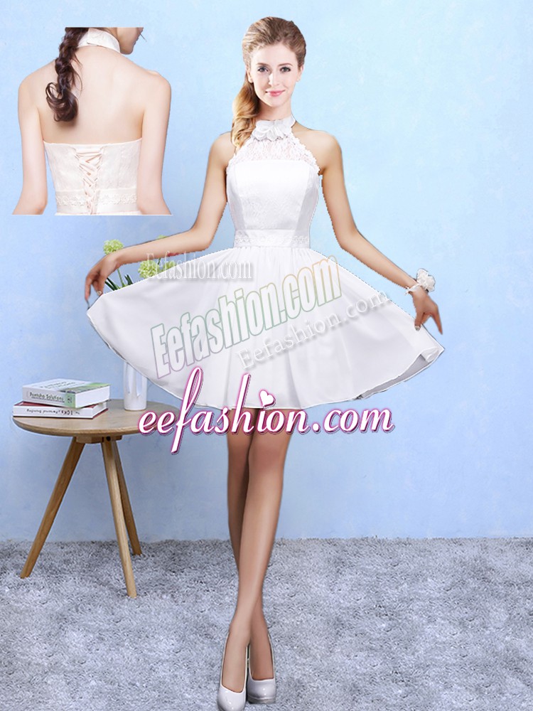  Halter Top Sleeveless Wedding Guest Dresses Knee Length Lace White Chiffon
