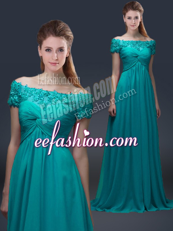 Fashionable Teal Off The Shoulder Neckline Appliques Mother Of The Bride Dress Short Sleeves Lace Up