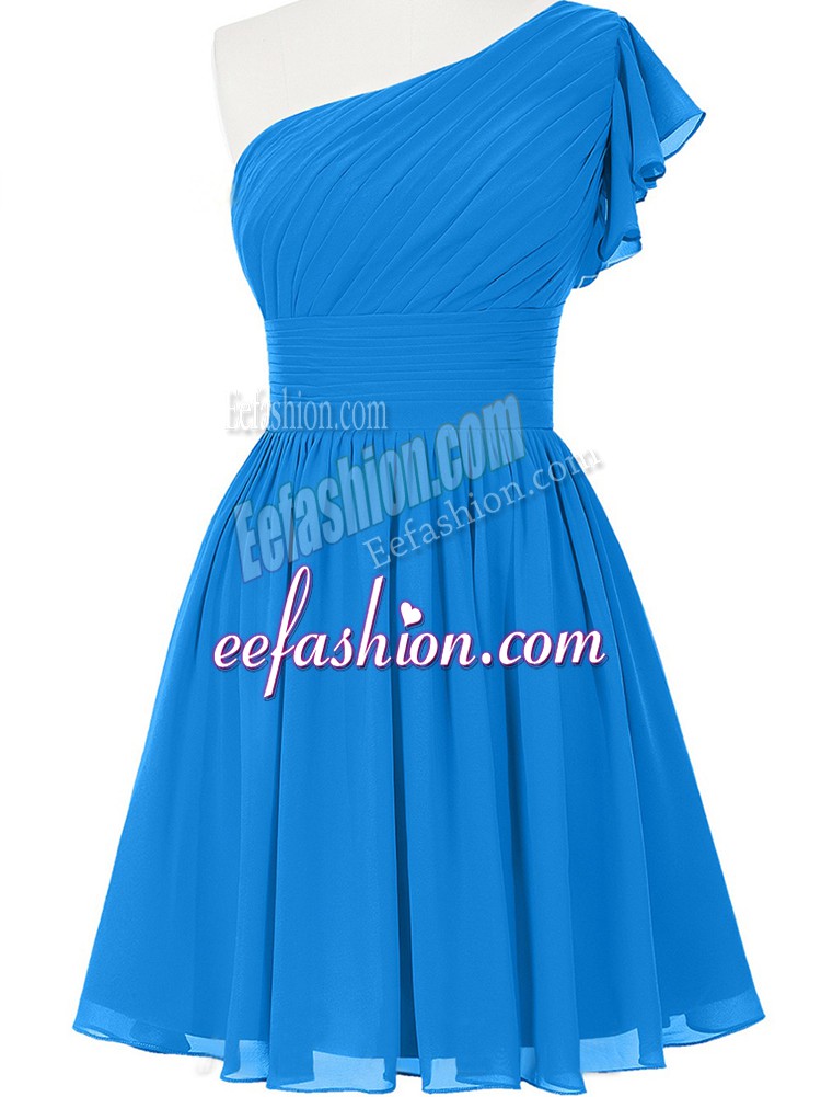 Custom Designed Blue Sleeveless Ruching Mini Length Prom Dress